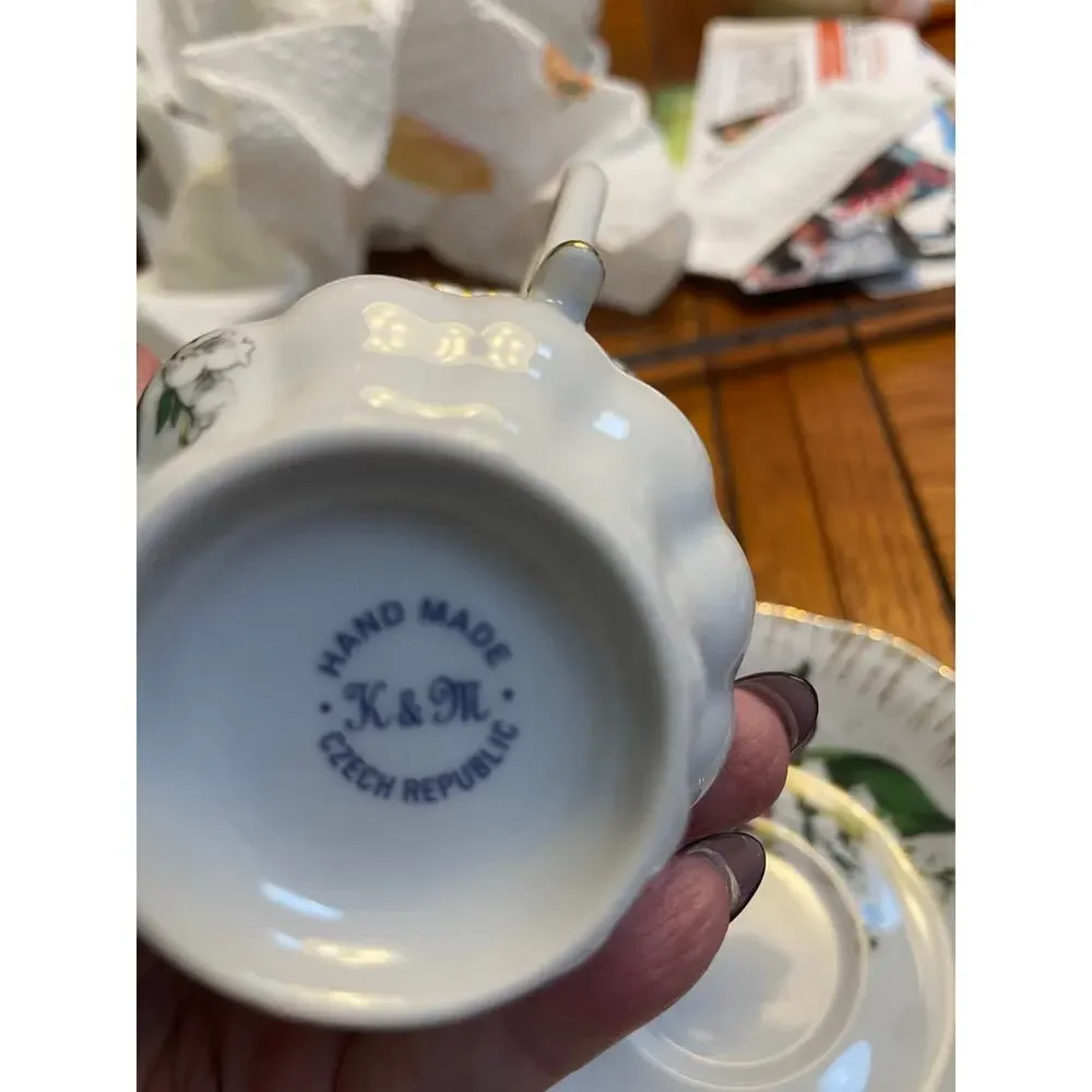 K&M Czech Republic Lily Valley 5pc Tea Set Cup 2 Saucers 2 Plates Gold